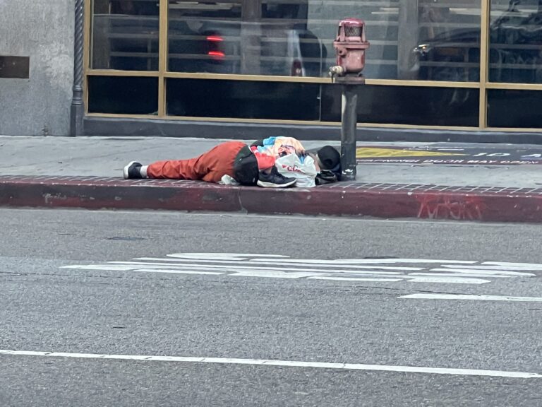 homeless man sleeping on a los angeles sidewalk